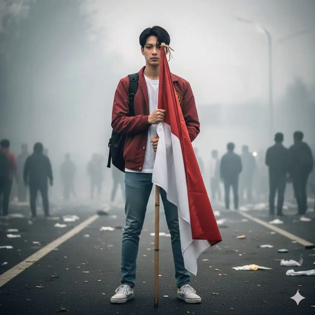 Buat gambar yang menunjukkan seseorang pria muda indonesia mengenakan jaket mahasiswa bewarna merah gelap,kaos putih dan celana jeans biru muda, sepatu vans putih. la juga terlihat memakai tas punggung berwarna hitam. Pria indonesia itu berusia sekitar 20 tahun, tinggi 170 cm, berat 55 kg, ia memiliki rambut hitam rapi . Orang ini berada di tengah jalanan yang tampak ramai dengan suasana demontrasi dan penuh asap atau kabut tebal yang menyelimuti sekelilingnya. pria itu terlihat mengangkat sambil mengibarkan bendera Indonesia berwarna merah putih. Dia memegang bendera itu secara vertikal di depan tubuhnya, seolah-olah menggunakannya sebagai perisai atau pelindung, atau mungkin hanya membawanya di tengah situasi tersebut. Bendera itu terlihat melambai dan sedikit kusut. Di latar belakang, tampak siluet orang-orang lain yang tidak jelas, sepertinya sedang berkerumun. Asap tebal membuat detail di latar belakang menjadi kabur, memberikan kesan situasi yang tidak teratur, sebuah demonstrasi atau kerusuhan. Ekspresi wajah orang di depan tidak terlihat tenang dan serius, tetapi pose dan suasana keseluruhan memberikan kesan dramatis. Rasio 9:16.