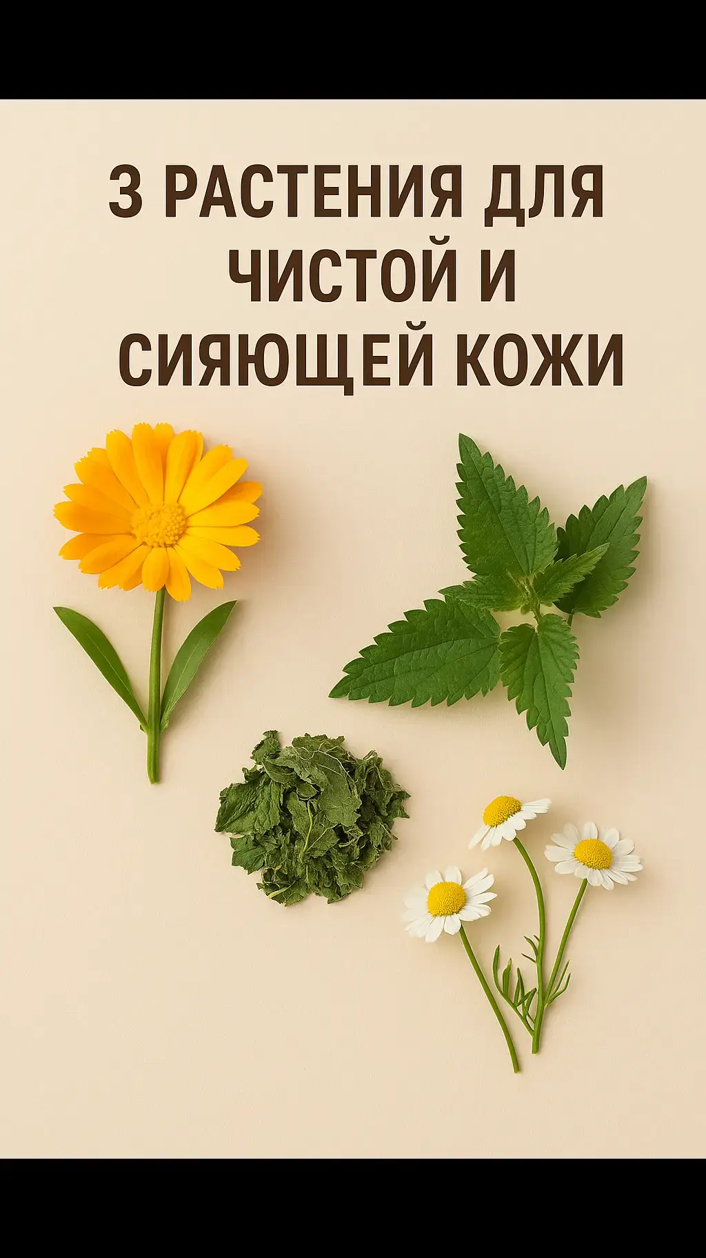 Красота кожи начинается не с кремов, а с чистоты внутри. Когда кровь и печень перегружены токсинами, кожа первой подаёт сигнал: появляются прыщи, тусклость, воспаления. Травы помогают мягко очистить организм и вернуть коже естественное сияние. 🌼 1. Календула (цветы) Снимает воспаления и покраснения. Улучшает заживление кожи. Как использовать: настой из цветков (1 ст.л. на стакан кипятка, настоять 20 минут) — пить по ½ стакана 2 раза в день. ⚠️ Противопоказания: беременность (внутренний приём), аллергия на сложноцветные. 🌱 2. Крапива (трава) Чистит кровь, насыщает железом. Помогает при угревой сыпи и тусклой коже. Как заварить: 1 ст.л. сухих листьев на стакан кипятка, настоять 15 минут, пить курсом 10–14 дней. ⚠️ Противопоказания: тромбоз, густая кровь. 🌸 3. Ромашка аптечная (цветы) Снимает раздражение и воспаление. Успокаивает кожу и улучшает пищеварение (что напрямую связано с чистотой кожи). Как заварить: 1 ст.л. цветков на стакан кипятка, настоять 10 минут. ⚠️ Противопоказания: аллергия на ромашку, склонность к диарее. 💚 Мудрость травницы: Кожа — зеркало внутреннего мира. Если помочь организму очиститься, лицо засияет само, без фильтров и косметики. 📌 Сохрани рецепт красоты ❤️ С тебя лайк ↩ Отправь подруге — ей это пригодится #травыдлякожи #календула #крапива #ромашка #травница    