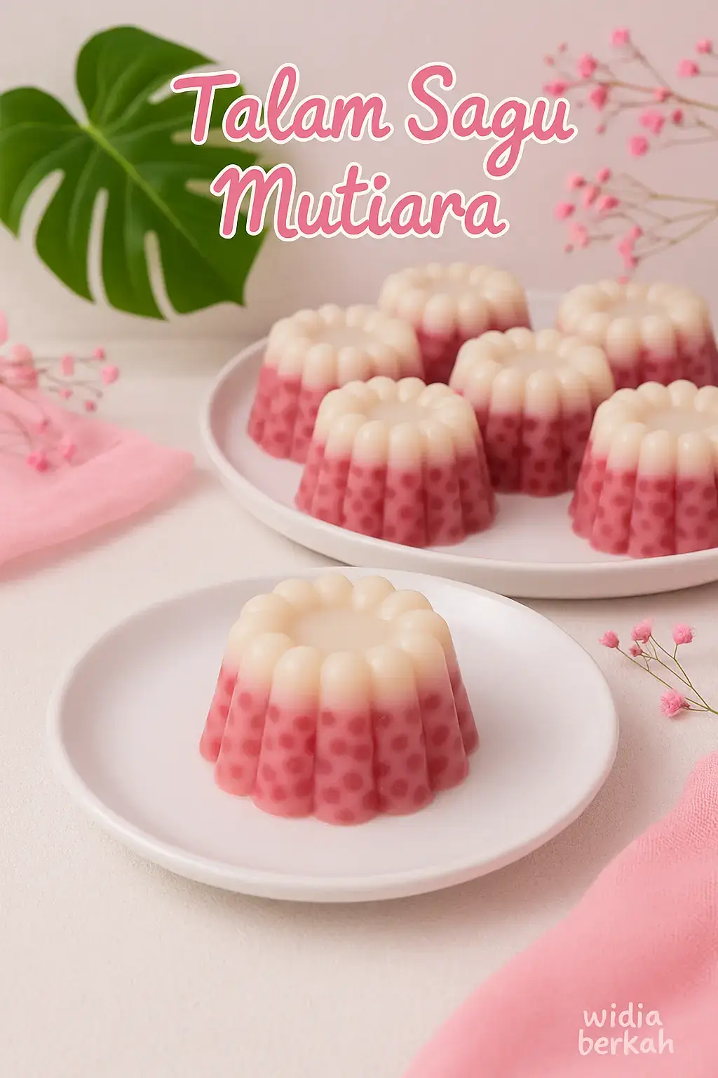 (2 lapis – putih & pink, tekstur lembut dan kenyal) 📌 Bahan A (Lapisan Putih) > Untuk lapisan pertama 🔸100 gr Tepung beras 🔸3 sdm Tepung tapioka 🔸1 sdm gula pasir 🔸½ sdt Garam 🔸 400 ml Santan 🔸½ sdt Pewarna putih (opsional) 📌 Bahan B (Lapisan Pink + Sagu Mutiara) > Untuk lapisan kedua 🔸120 gr Sagu mutiara 🔸100 gr Tepung beras 🔸3 sdm Tepung tapioka 🔸130 gr Gula pasir 🔸½ sdt Garam 🔸500 ml Santan 🔸Pewarna pink: secukupnya 🧑‍🍳 Cara Membuat 🌺 Masak Sagu Mutiara (Bahan B Awal) 1. Cuci bersih sagu mutiara, lalu beri pewarna makanan pink secukupnya (opsional). 2. Rebus dalam air mendidih selama 20 menit. 3. Setelah 20 menit, matikan api, tutup panci, dan diamkan selama 30 menit agar sagu matang sempurna. 4. Tiriskan dan siram dengan air dingin agar tidak menggumpal, dinginkan. Sisihkan. 🌼 Siapkan Adonan Lapisan Putih (Bahan A) 1. Dalam wadah, campur:  tepung beras, tepung tapioka, gula pasir, garam, pewarna putih ( opsional) aduk rata 2. Tambahkan santan sedikit demi sedikit sambil diaduk rata agar tidak menggumpal. 3. Aduk hingga semua bahan tercampur halus dan tidak bergerindil. 4. Olesi cetakan talam kecil dengan sedikit minyak sayur agar tidak lengket. 5. Tuang adonan putih sebanyak 1 sendok sayur ke dalam cetakan. 6. Kukus selama 5 menit dengan api kecil hingga setengah matang. 🌸 Siapkan Adonan Lapisan Pink (Bahan B) 1. Dalam wadah lain, campur: tepung beras ,tepung tapioka ,gula pasir , garam, aduk rata  2. Tuang santan secara bertahap, aduk hingga adonan licin dan tidak menggumpal. 3. Masukkan sagu mutiara yang sudah matang & dingin. 4. Aduk perlahan hingga semua bahan tercampur rata. 🌪 Penyusunan & Pengukusan 1. Setelah lapisan putih setengah matang, tuang adonan sagu mutiara hingga penuh. 2. Kukus kembali selama 25 menit dengan api kecil sampai matang. 3. Angkat, dinginkan, dan keluarkan dari cetakan. ✅ Tips Sukses: 🔹Kukusan harus sudah panas beruap banyak saat mulai memasukkan adonan. 🔹Gunakan api kecil stabil untuk mencegah adonan tumpah saat dikukus.  🔹Tunggu sampai kue benar-benar dingin sebelum dikeluarkan dari cetakan agar hasil rapi. 🔹Gunakan santan kental dan segar untuk rasa yang gurih dan legit. 🎉 Selamat mencoba! #talamsagumutiara #talam #kuetalam #kuesagumutiara #sagumutiara #jajananpasar #kuetradisional #resepsimple #widiaberkah 