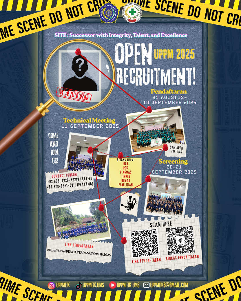 [OPEN RECRUITMENT PENGURUS UKM UPPM FIK 2025] Assalamu'alaikum Warahmatullahi Wabarakatuh Salam Insan Cerdas Berkualitas Hallo sobat Mahasiswa/Mahasiswi Fakultas Ilmu Kesehatan Universitas Muhammadiyah Surakarta 🤗 UKM UPPM (Unit Penelitian dan Pengabdian Masyarakat) merupakan UKM satu-satunya tingkat Fakultas Ilmu Kesehatan yang bergerak di 6 bidang: 🧑🏻‍✈️Badan Pengurus Harian (BPH) 🤵🏻Pengembangan Organisasi Kepemimpinan (POK) 🧑🏻‍🔬Penelitian 🧑🏻‍🌾Pengabdian Masyarakat (Pengmas) 🧑🏻‍⚕️Tim Kesehatan (Timkes) 🧑🏻‍💻Hubungan Masyarakat (Humas) 📆 TIMELINE OPEN RECRUITMENT UPPM 2025 1. Pendaftaran: 31 Agustus - 10 September 2025 2. TM: 11 September 2025 3. Screening: 20-21 September 2025 🗂️ LINK SERBA SERBI SCREENING UPPM 2025 https://linktr.ee/UPPMFIKUMS 📎 LINK PENDAFTARAN UPPM 2025 https://bit.ly/PENDAFTARANUPPMFIK2025 ‼️ COME JOIN US!! ‼️ Wassalamu'alaikum Warrahmatullahi Wabarakatuh 📞 Narahubung Tama: +62 878-6551-0911 Aster: +62 895-4229-30213 #OprecUKMUPPMFIKUMS2025 #UPPMFIKUMS #insancerdasberkualitas #fyp  #trending 
