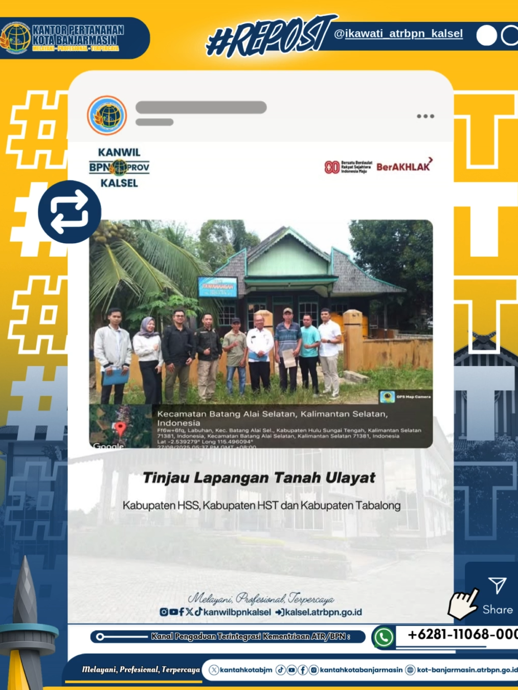Halo #SobATRBPN, pada tanggal 27-29 Agustus 2025 Bidang Penetapan Hak dan Pendaftaran Kantor Wilayah Badan Pertanahan Nasional Provinsi Kalimantan Selatan melakukan tinjau lapangan tanah ulayat di Kabupaten HSS, Kabupaten HST dan Kabupaten Tabalong, kegiatan ini bertujuan untuk meninjau data fisik. Melalui kegiatan tinjauan lapangan ini, diharapkan proses sertipikasi tanah ulayat dapat dilaksanakan untuk memberikan kepastian hukum bagi masyarakat hukum adat di daerah. Instagram: kanwilbpnkalsel Twitter/X: kanwilbpnkalsel Facebook: kanwilbpnkalsel YouTube: kanwil bpn kalsel Tiktok: kanwilbpnkalsel Website: kalsel.atrbpn.go.id WA Pengaduan: 0811-1068-000 #IndonesiaLengkap #ATRBPNKiniLebihBaik #ATRBPNMajudanModern