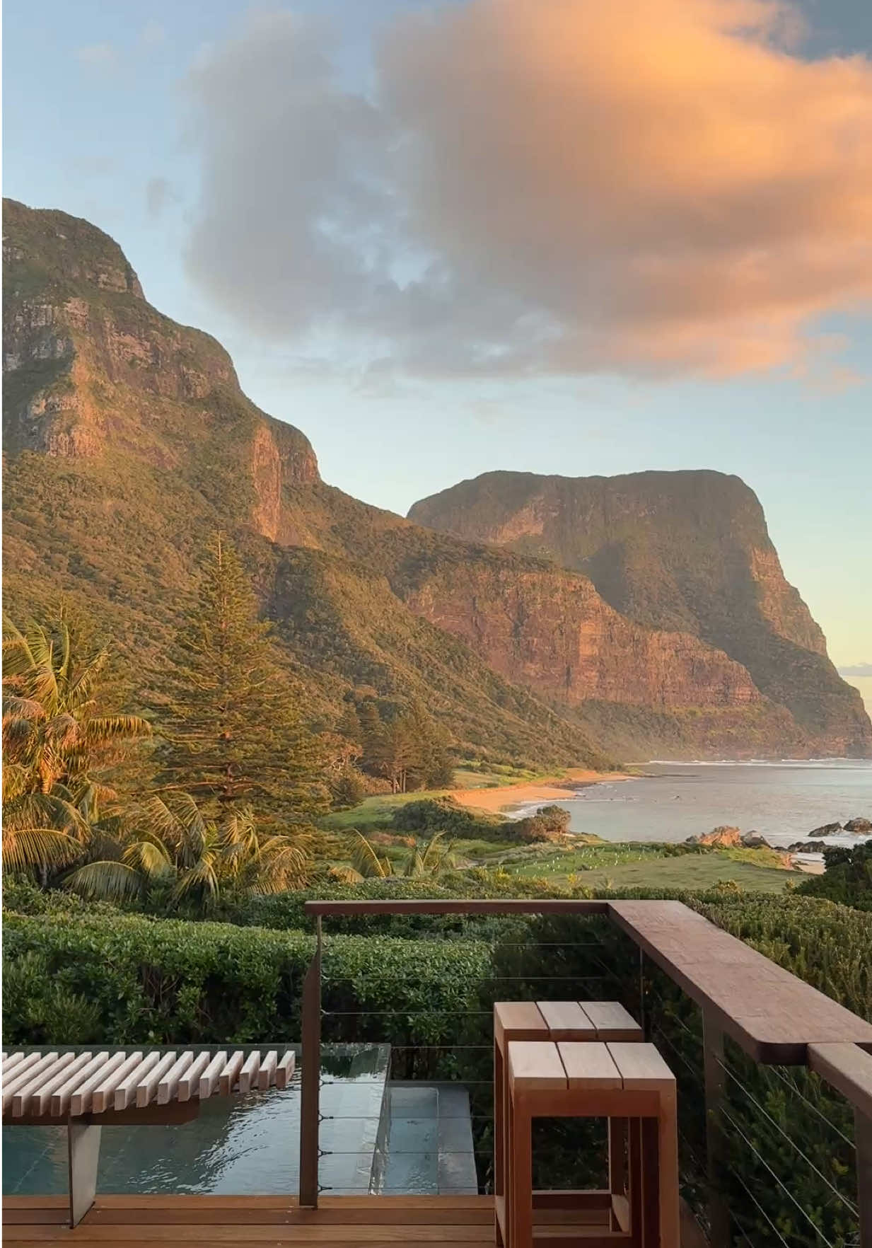 Today we farewell the cool season at Capella Lodge as golden light dances across the twin peaks of Gower and Lidgbird. Tomorrow, we wake to spring on Lord Howe Island - a new chapter of renewal. #CapellaLodge #BaillieLodges #LordHoweIsland #FeelNSW #SeeAustralia 