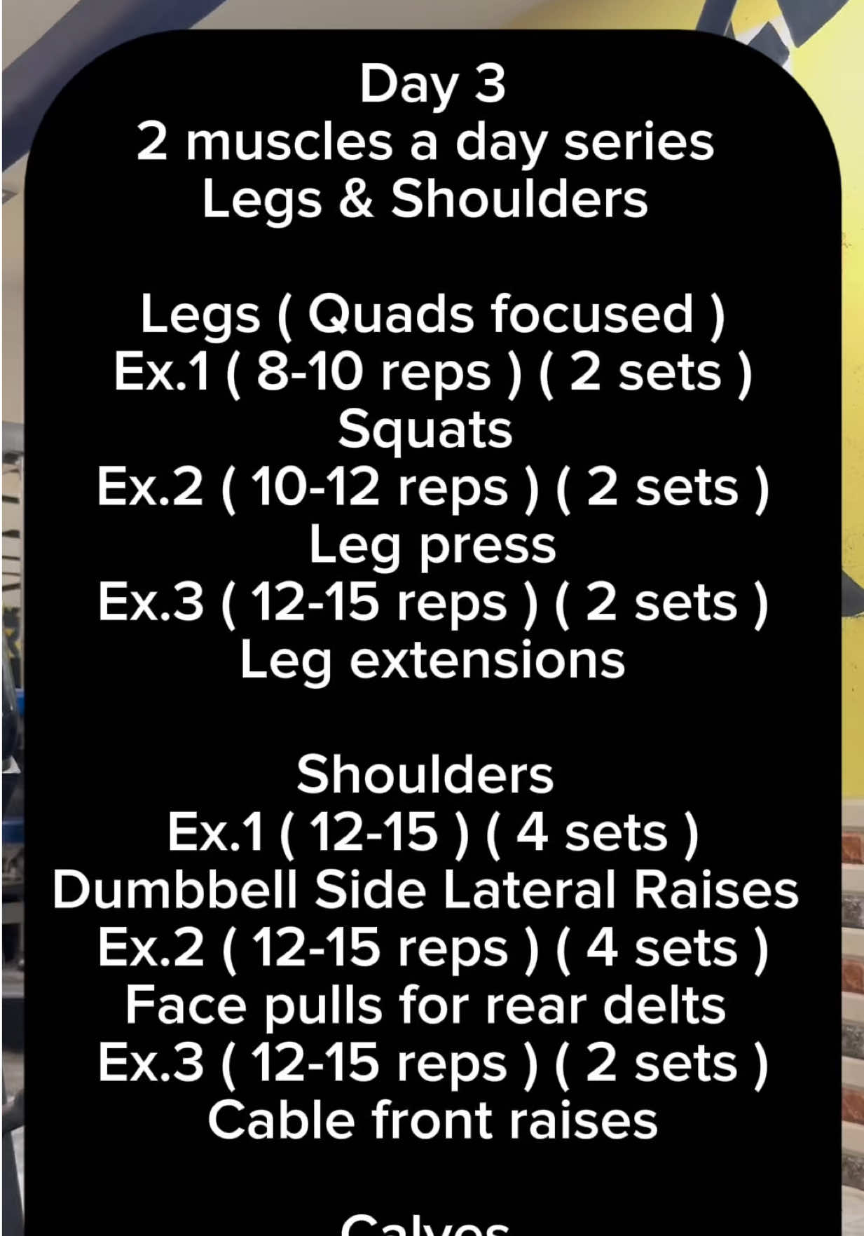 Day 3 f training training 2 muscles a day ( 6 days series ) Legs & shoulders