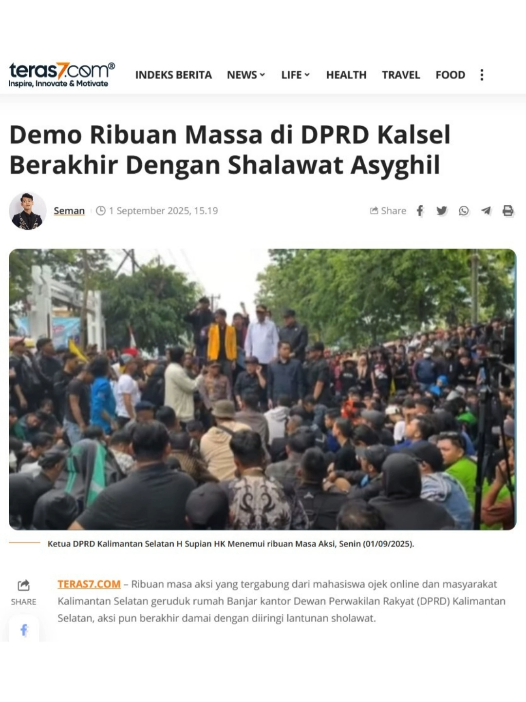 Ribuan masa aksi yang tergabung dari mahasiswa ojek online dan masyarakat Kalimantan Selatan geruduk rumah Banjar kantor Dewan Perwakilan Rakyat (DPRD) Kalimantan Selatan, aksi pun berakhir damai dengan diiringi lantunan sholawat. Aksi yang tergabung dari Mahasiswa, Ojek Online dan Masyarakat Kalimantan Selatan, berpusat di tengah kota Banjarmasin akhirnya berlangsung damai dihadiri langsung oleh ketua DPRD Kalimantan Selatan H. Supian HK. Hingga pukul 14. 00 Wita masa aksi menyampaikan orasinya serta tuntutan didengar langsung oleh ketua DPRD Kalimantan Selatan yang dijaga ketat pengamanan dari pihak kepolisian Polda Kalimantan Selatan dan TNI Kalimantan Selatan. Dalam kesempatannya masa aksi menyampaikan tuntutan diantaranya, reformasi DPR, Revisi Undang-Undang Polri yang bertindak represif, tuntut keadilan atas meninggalnya ojol Affan Kurniawan, menolak taman nasional Meratus, monopoli batubara dan konflik agraria kelapa sawit, sejahterakan guru honorer, koperasi merah putih yang tidak tetap sasaran, caput kenaikan pajak, tingkatkan kualitas pendidikan di daerah pinggiran, sahkan RUU perampasan aset serta menuntaskan isu isu lokal.“Semua aspirasi yang telah disampaikan akan kami sampaikan dan kami komunikasikan langsung ke DPR RI apabila kami tidak melaksanakan maka saya sebagai ketua DPRD Kalimantan Selatan siap mundur dari jabatan” pungkasnya. Usai menandatangani kesepakatan serta membuat video pernyataan oleh ketua DPRD Kalimantan Selatan perlahan aksi membubarkan diri dengan tertib, sembari melantunkan sholawat Asyghil. Menanggapi hal itu, Supian HK menerima semua aspirasi dan berjanji akan menyampaikan langsung ke DPR RI. ##ojol #affankurniawan #dprri #demo #polisi #mahasiswa #kalsel