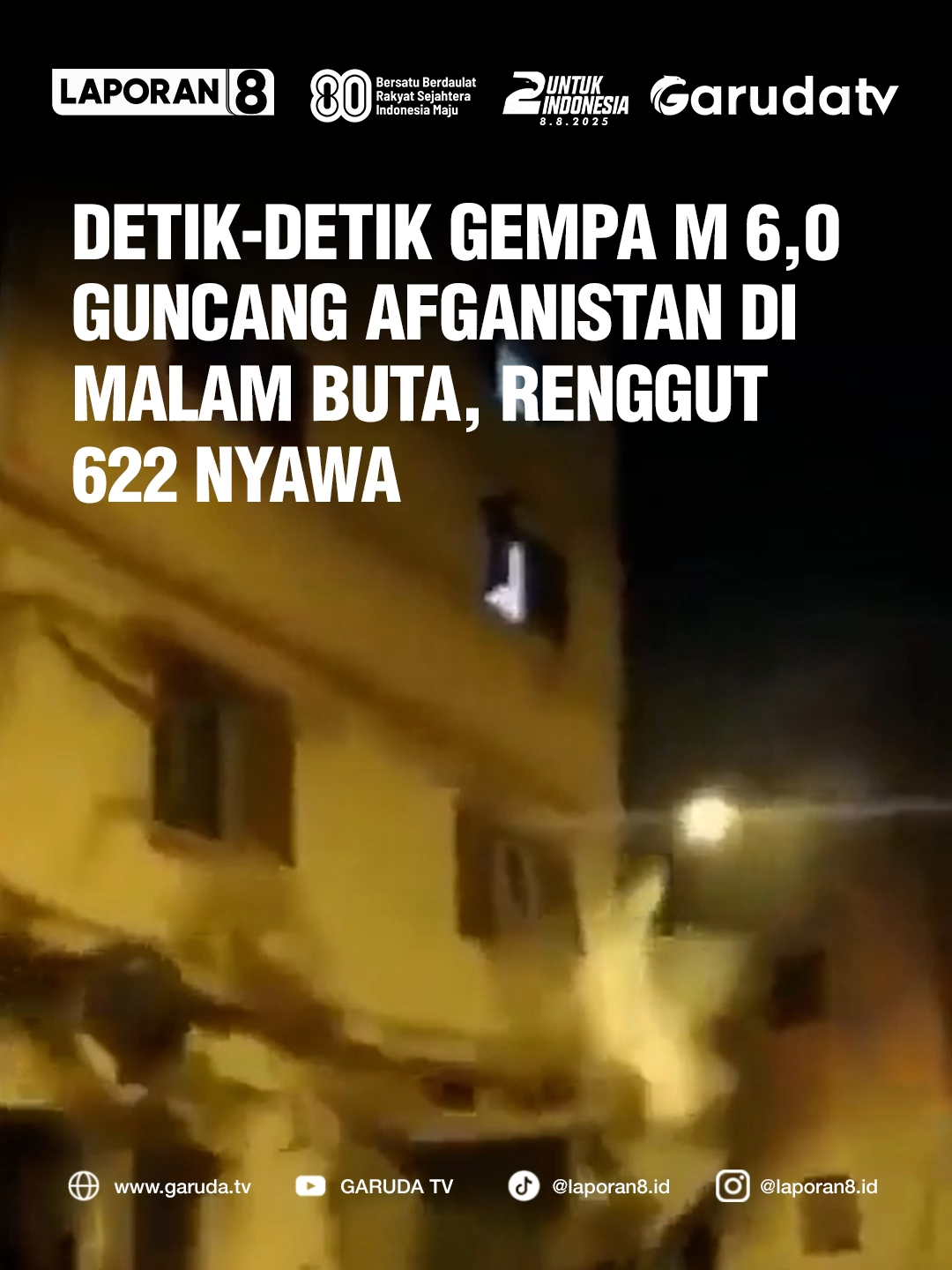 Jumlah korban tewas akibat gempa bermagnitudo 6 yang mengguncang wilayah timur Afghanistan terus bertambah, kini mencapai sedikitnya 622 jiwa. Selain itu, lebih dari 1.000 orang mengalami luka-luka, sementara banyak rumah warga hancur total akibat guncangan hebat tersebut. Guncangan gempa bahkan terasa hingga ke Kabul dan Islamabad, ibu kota Pakistan. Di Provinsi Nangarhar, sedikitnya 12 orang kehilangan nyawa, dan sekitar 255 lainnya terluka. Dengan demikian, total korban meninggal dunia akibat gempa ini tercatat lebih dari 622 orang, menjadikannya salah satu bencana paling mematikan di kawasan tersebut dalam beberapa tahun terakhir. Video | Editor : GuzideErbas34, sanjayjourno (X) | Asas Naskah | Admin : Yayat | Raihana 🌐 Saksikan Garuda TV di Free to Air atau Streaming melalui: www.garuda.tv | YouTube Garuda TV | Aplikasi Vidio | Wewatch | IndiHome CH111 | Transvision CH824 | FirstMedia CH45 #GarudaTV #Laporan8 #GasTrust #2TahunUntukIndonesia #HUTGarudaTV #GarudaTV2Tahun #UlangTahunGarudaTV #GempaAfghanistan #BencanaAlam #PrayForAfghanistan #GempaBum