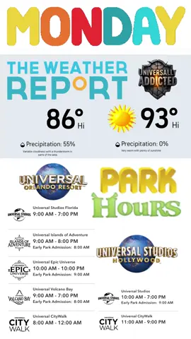 𝕌ℕ𝕀𝕍𝔼ℝ𝕊𝔸𝕃 𝕆ℝ𝕃𝔸ℕ𝔻𝕆 ℝ𝔼𝕊𝕆ℝ𝕋  Variable cloudiness with a thunderstorm in parts of the area ⛅️ 𝕌ℕ𝕀𝕍𝔼ℝ𝕊𝔸𝕃 𝕊𝕋𝕌𝔻𝕀𝕆𝕊 ℍ𝕆𝕃𝕃𝕐𝕎𝕆𝕆𝔻 Very warm with plenty of sunshine ☀️  Enjoy your day at the parks! 💙