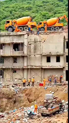 Shocking Moment: Cement Mixer Truck Plunges From Building Under Construction! #fail #truck #disaster