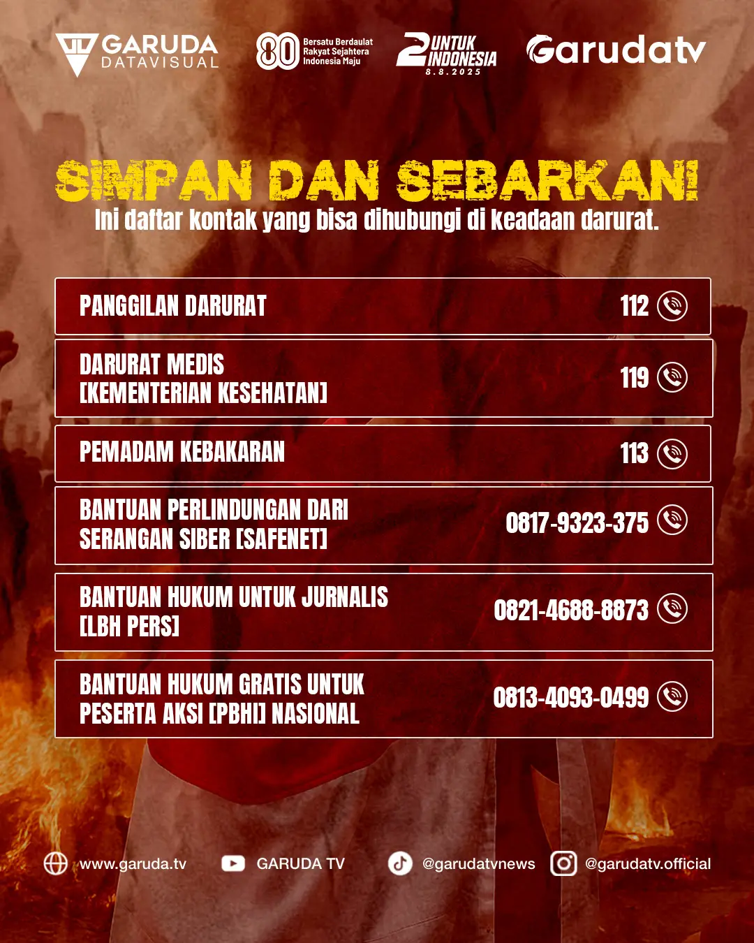 🚨 SIMPAN DAN SEBARKAN! 🚨 Dalam situasi darurat, akses cepat ke nomor-nomor penting ini bisa menyelamatkan nyawa dan menjaga keselamatan. Naskah | Admin: Putri Grafis: Uswah 🌐 Saksikan Garuda TV di Free to Air atau Streaming melalui: www.garuda.tv | YouTube Garuda TV | Aplikasi Vidio | WeTV (Wewatch) | IndiHome CH111 | Transvision CH824 | FirstMedia CH45 #GarudaTV #GarudaDataVisual #Darurat #BantuanHukum #KontakDarurat 