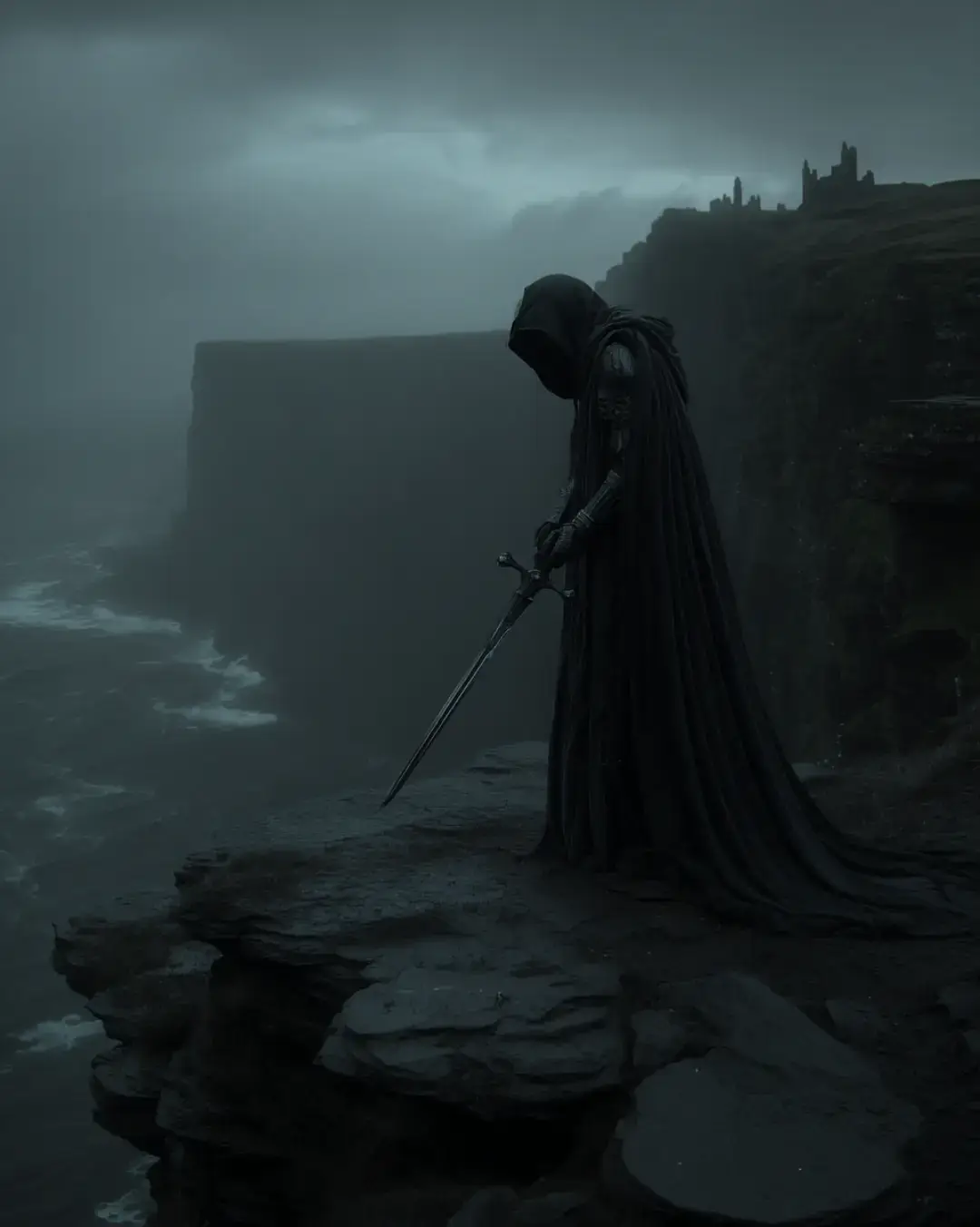 At the edge of the cliff, the knight faced not the fall, but the silence within, for vertigo is not the fear of falling, but the dreadful pull of the void calling us to let go. 🌪️ . Book. Story. Wallpaper. Warrior. Knight. Fantasy wallpaper. movie.  #wallpaper #livewallpaper #fantasy #midjourney #warrior 