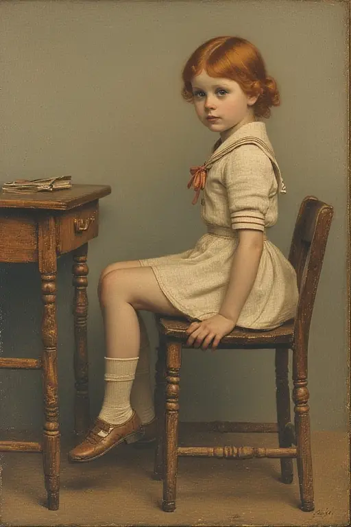 Very similar to the previous post featuring Nihonga-inspired artwork: it's so predominantly green that I tried redheaded subjects - still in a school setting. I'll repeat that the AI art style bears little relation to actual Nihonga paintings of the Meiji period - however, I appreciate it for the minimalist stylings that resemble the best fine-art child portraiture.... #fineartportraiture #aifineartportrait #nihongapaintings #meijiart #fyp