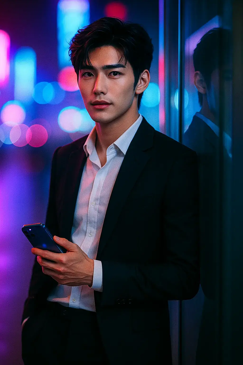 1. Open chatgpt📲 2. Upload photo:📸 3. Paste reminder:👇 “Cinematic-style portrait of a young man with smooth fair skin and handsome features, his eyes carrying a deep and captivating gaze. He wears a stylish white shirt paired with neatly tailored black trousers, layered with a dark blazer for an elegant look. He leans against the glass wall of a modern building, holding an iPhone 15 in his hand, its softly glowing screen reflecting the surrounding lights. The backdrop is a nighttime city street illuminated by vibrant neon lights in shades of blue, purple, and pink, casting a shimmering glow on his face and the scene. The cinematic tones, with strong contrasts of light and shadow, highlight his refined and alluring presence, exuding a modern, sophisticated, and mysterious aura.”#aisieu #aiart #photo #chatgpt #prompt #anhai #fyp 