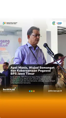 Senin (01/09), BPS Provinsi Jawa Timur kembali menyelenggarakan apel pagi rutin bertajuk Apel Manis. Kegiatan ini diwarnai dengan doa bersama sebagai wujud empati dan kepedulian terhadap kondisi bangsa. Melalui momen ini, seluruh pegawai diingatkan untuk tetap menjaga semangat, bersatu, serta berkontribusi positif dalam menjalankan tugas kedinasan, meski negeri sedang menghadapi berbagai tantangan.Dengan semangat kebersamaan dan nilai kepedulian, diharapkan seluruh pegawai BPS Provinsi Jawa Timur siap memberikan pelayanan statistik yang berkualitas.