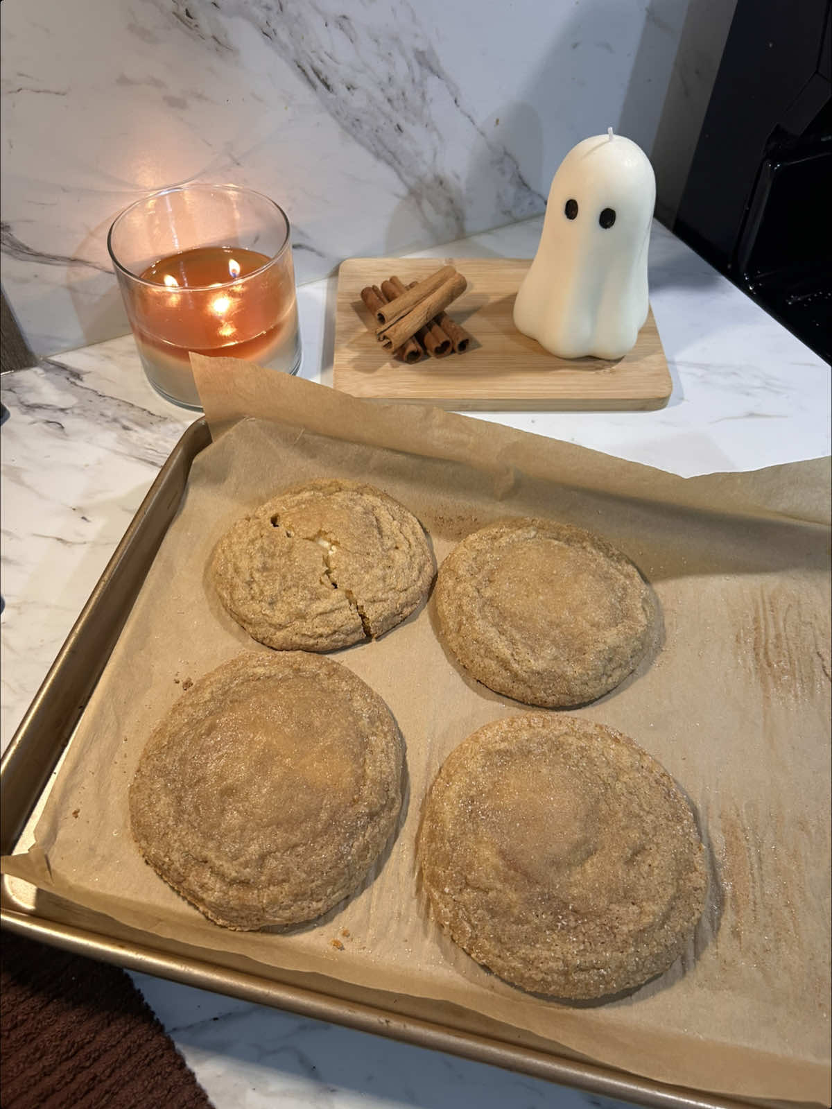 churro cheesecake cookies !! it’s finally september 1st !!!      recipe:     ¾ cup unsalted butter, room temp (170 g) ¾ cup brown sugar (150 g) ¼ cup granulated sugar (50 g) 1 egg  2 tsp vanilla extract (8 g) 2 cups all-purpose flour + 2 tbsp (255 g) ½ tsp baking soda (2.5 g) ½ tsp salt (3 g) 2 tsp cinnamon (5g) cheesecake filling : 8 oz cream cheese, softened (226 g) ¼ cup granulated sugar (50 g) 1 tsp vanilla extract (4 g) cinnamon coating: ¼ cup granulated sugar (50 g) 1 tbsp cinnamon (8 g)      cream together the butter and sugars until smooth, then mix in the egg, yolk, and vanilla. add the flour, baking soda, salt, and cinnamon, and mix until a soft dough forms. ( if the dough is too hard to handle let it sit in the fridge/freezer for at least 10 minutes. ) for the filling, beat the cream cheese, sugar, and vanilla until smooth. scoop dough, flatten slightly, and place a small spoonful of filling in the center. wrap the dough around to seal and roll into a ball. coat in cinnamon sugar and place on a lined baking sheet, then bake at 350°f (175°c) for 11–13 minutes until the edges are set but the centers look slightly soft. let cool before serving.   #churrocheesecake #cheesecake #cookies #baking  