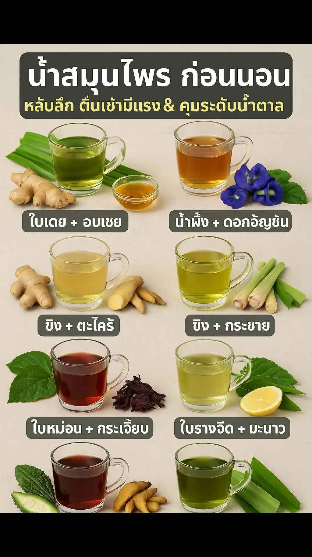 🌙✨ 7 น้ำสมุนไพร ก่อนนอน หลับลึก ตื่นเช้ามีแรง & คุมระดับน้ำตาล เมื่ออายุ 35+ ร่างกายเริ่มเปลี่ยนไปทั้งระบบเผาผลาญ การนอน และน้ำตาลในเลือด การเลือกดื่ม น้ำสมุนไพรอุ่น ๆ ก่อนนอน จะช่วยให้ หลับสนิท ตื่นมาไม่เพลีย และสุขภาพแข็งแรงระยะยาว --- 🥣 1. ใบเตย + อบเชย ใบเตย → คลายเครียด ผ่อนประสาท หลับง่าย อบเชย → ช่วยคุมระดับน้ำตาล กระตุ้นการไหลเวียน ✅ เหมาะกับคนนอนไม่ค่อยหลับ และต้องการควบคุมน้ำตาล ❌ คนความดันต่ำควรดื่มแต่น้อย --- 🍯🌸 2. น้ำผึ้ง + ดอกอัญชัน น้ำผึ้งแท้ → หวานธรรมชาติ บำรุงผิว เติมพลังเบา ๆ อัญชัน → อุดมแอนโทไซยานิน ลดความเครียด บำรุงสายตา ✅ หลับลึก ผิวใส ตื่นเช้ามีชีวิตชีวา ❌ ผู้ป่วยเบาหวานควรดื่มแต่น้อย --- 🌱 3. ขิง + ตะไคร้ ขิง → ขับลม ลดแน่นท้อง ตะไคร้ → ลดบวมน้ำ ขับปัสสาวะ คลายเครียด ✅ เหมาะกับคนท้องอืดบ่อย นอนหลับไม่สนิท ❌ ผู้ที่มีแผลกระเพาะเรื้อรังควรจำกัดปริมาณ --- 🌶️ 4. ขิง + กระชาย ขิง → กระตุ้นระบบย่อย & การไหลเวียน กระชาย → บำรุงกำลัง เพิ่มสมรรถภาพ ✅ ช่วยคลายอ่อนเพลีย หลับสบายขึ้น ❌ ไม่ควรดื่มมาก อาจกระตุ้นความดัน --- 🍃 5. ใบหม่อน + กระเจี๊ยบ ใบหม่อน → ลดน้ำตาลในเลือด บำรุงสายตา กระเจี๊ยบ → ลดไขมัน ขับปัสสาวะ ✅ เหมาะกับผู้คุมเบาหวาน ความดัน และไขมัน ❌ ผู้ที่เป็นโรคนิ่วควรหลีกเลี่ยง --- 🍋 6. ใบรางจืด + มะนาว ใบรางจืด → ล้างพิษ ตับแข็งแรง มะนาว → วิตามินซีสูง เสริมภูมิคุ้มกัน ✅ ดีต่อคนที่ทานของมัน พักผ่อนน้อย ❌ ไม่ควรดื่มถี่เกินไป อาจเสียสมดุลร่างกาย --- 🍃🌿 7. มะระขี้นก + ใบเตย มะระขี้นก → ลดน้ำตาล ดีท็อกซ์ร่างกาย ใบเตย → สงบจิตใจ หลับลึก ✅ เหมาะกับผู้ที่ต้องการควบคุมน้ำตาล และพักผ่อนยาก ❌ สตรีมีครรภ์และคนที่มีน้ำตาลต่ำไม่ควรดื่มมาก --- ✨ แฮชแท็ก #สมุนไพรไทย #น้ำสมุนไพรสุขภาพ #หลับลึกหลับสบาย #สุขภาพวัย35plus #ลดน้ำตาลในเลือด    ---