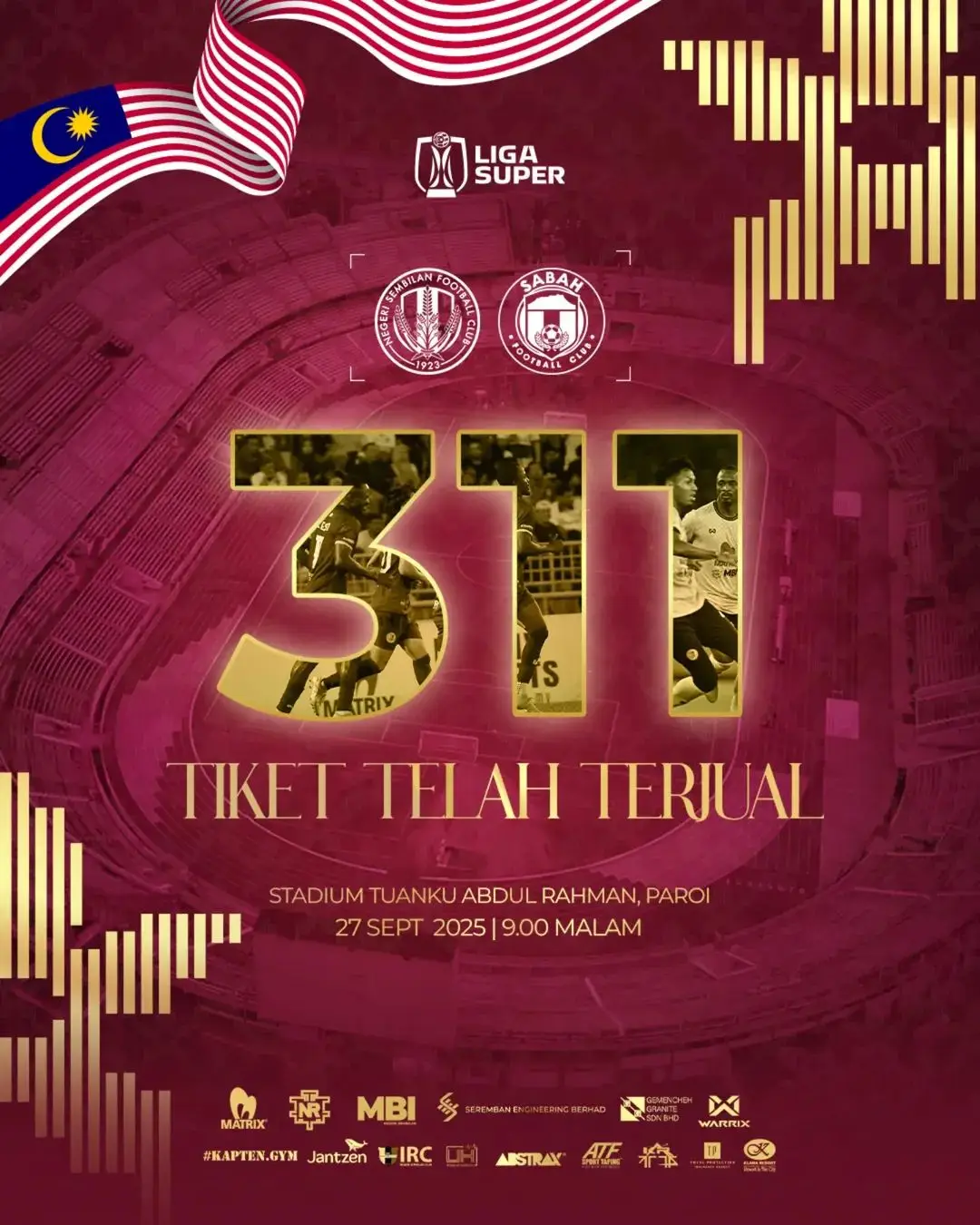 UYAIIII 311 TIKET TERJUAL DALAM MASO DUO JAM 🟡⚫️🔴 Tapi takpo, minggu dopan kito update laie jualan tiket dah berapo.  Negeri Sembilan FC akan bertemu Sabah FC di Paroi pada 27 September 2025, 9 malam. Jangan Jang & Milah sumo molopeh sudah. Meriah Paroi, meriahlah bola sepak Malaysia. Jangan tunggu lamo-lamo. Game pun hari Sabtu. Boli dogheh dan full housekan Paroi! #NSFC #HobinJangHobin
