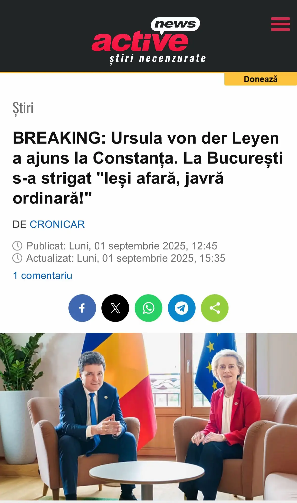 Numele Ursulei a devenit ținta scandărilor de protest în Capitală. In fața Judecătoriei s-a strigat ”Ursula nu uita, asta nu e țara ta!” și ”Ieși afară, javră ordinară!” Luni, 1 septembrie, Președinta Comisiei Europene, Ursula von der Leyen, va efectua o vizită în România, la Constanța, unde va avea întrevederi cu Președintele României, Nicușor Dan”,  anunță Administrația Prezidențială, conform Mediafax. Potrivit aceleiași surse, pe agenda vizitei vor fi discuții pe teme de securitate și cooperare între România, Uniunea Europeană și NATO. „Cu acest prilej, discuțiile se vor axa pe consolidarea cooperării UE–NATO, precum și pe aspecte legate de prevenirea, detectarea și descurajarea amenințărilor maritime și hibride”, se mai arată în anunțul oficial.   Potrivit News.ro, Premierul Ilie Bolojan, care trebuia să participe la discuții, va râmâne la București, având programată o ședință a coaliției, dar și o ședință de Guvern și asumarea răspunderii în Parlament