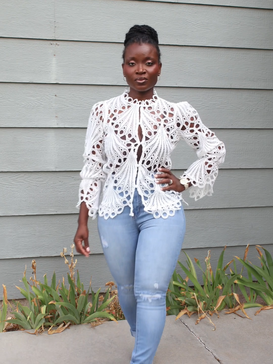Very nice button-up blouse. Love the eyelid detail. It can easily elevate any sample outfit. Dress it up or dress it down. Great quality material. 🤩✨👚 #Blouse #Fashion #Outfit #Style #Material 