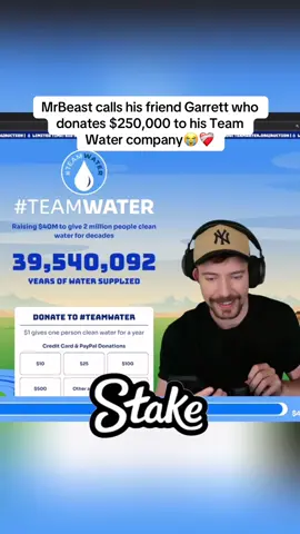 MrBeast calls his friend Garrett who donates $250,000 to his Team Water company😭❤️‍🩹#mrbeast #teamwater #fyp #viral 