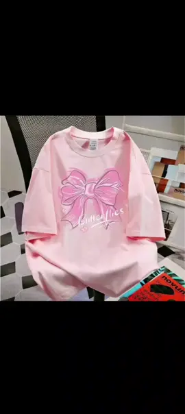 (Shipping within 24 hours) Women's casual T-shirt, pink bow print, 100% cotton, ins sweet style, loose round neck large size short sleeves, fashionable and versatile comfortable tops, S-3XL #tiktokaffiliatemarketing #buynow 