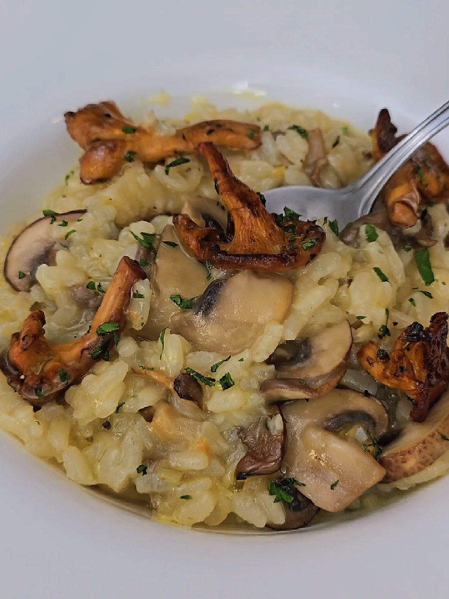 Risotto aux champignons 🍄  200g de riz arborio 250g de champignon de Paris 250g de champignon de Paris Brun 250g de pleurote  Option : 1 poignet de girolles  1 oignon 1 échalote  3 gousse d'ail  1 poignet de persil 20cl Vin blanc Bouillon de légumes  30g de parmesan Sel, poivre Huile d'olive  Pour la vraie recette du risotto aux champignons suivre la vidéo ! #risotto #champignon #recettesimple #recettefacile #recette 