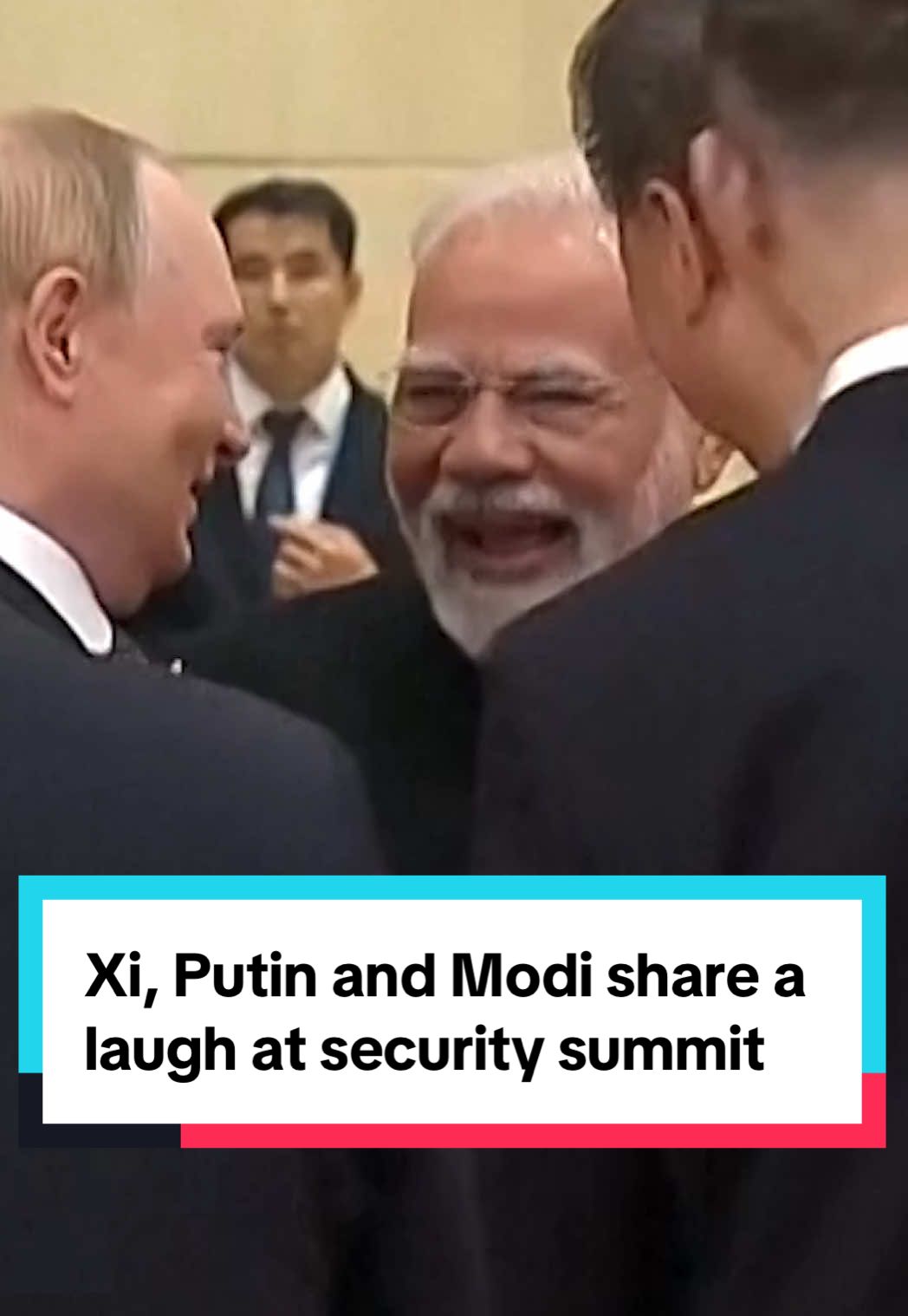 Chinese President Xi Jinping welcomed Russian President Vladimir Putin and Indian Prime Minister Narendra Modi and they shared a laugh as the leaders arrived for the opening ceremony of a security summit in Tianjin. #china #tianjin #india #russia 