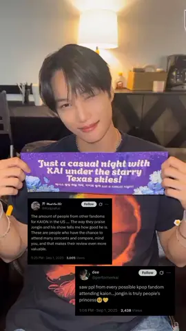 YOU ARE TRULY LOVED BY EVERYONE JONG😍Konser Solo Jongin di Texas dan di LA sebelumnya diramaikan bukan hanya oleh erigom, EXO-L, tapi dari berbagai fandom🤍 Ahhh thank you so much for your love to Jongin🥺PROUD OF YOU JONG bisa sampai di titik ini😭😭😭 #KAI #kaioningrandprairie #kaiexo #exol #foryou 