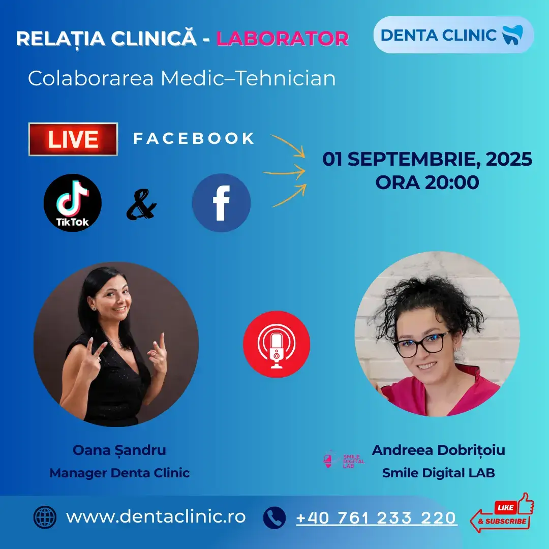 📢 LIVE pe TikTok și Facebook la ora 20:00 Diseară, te așteptăm la un nou live în care discutăm deschis despre cum colaborarea corectă dintre medic și tehnician schimbă rezultatele pentru pacienți. 💙 Pentru că în spatele fiecărui zâmbet reușit stă o echipă unită – medicul care planifică și tratează, și tehnicianul care transformă planul în realitate.  Această armonie este ceea ce garantează pacienților lucrări estetice, funcționale și de lungă durată. ✨ 📲 Nu uita că poți fi și mai aproape de noi prin aplicația Denta Suport, disponibilă pe iOS și Android  👉 www.dentasuport.ro 📍 Denta Clinic – Calea București 193A, Râmnicu Vâlcea 📞 WhatsApp: +40 761 233 220 🌐 www.dentaclinic.ro 🔗 linktr.ee/dentaclinic.vl #DentaClinic #RelațiaMedicLaborator #StomatologieModernă #ImplanturiDentare #PaciențiFericiți 