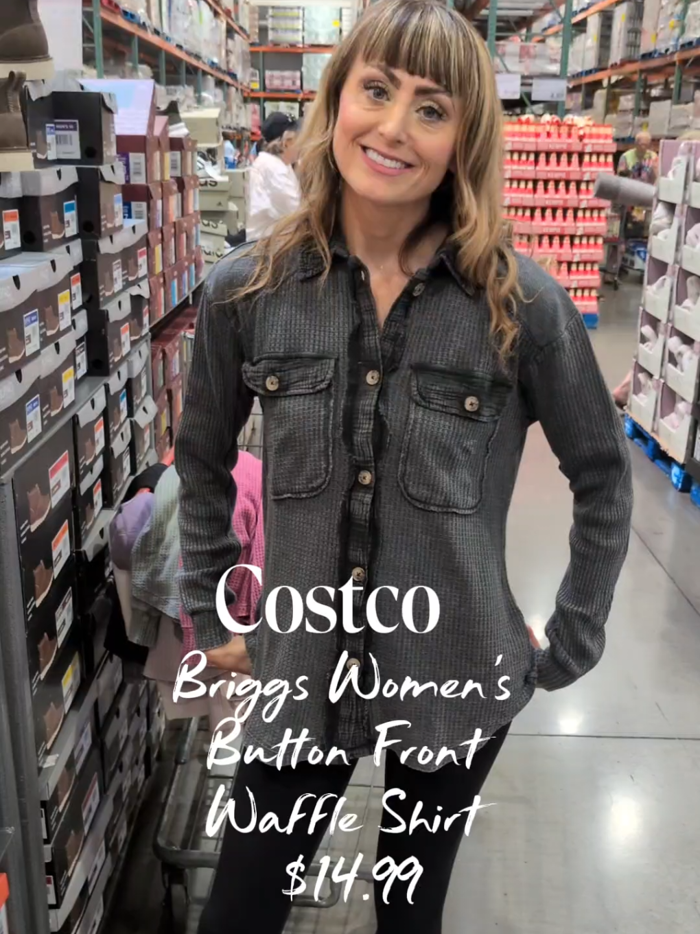 Costco has Brigg's Women's button front waffle shirts! They look so much like a high-end brand (FP) but are only $14.99! available in four great colors with a vintage wash and oversized look! Can't beat Costco for affordable fashion! @Costco Wholesale #costcodupe #costcofashion #costcowomens #costcoclothes #womensfashion 