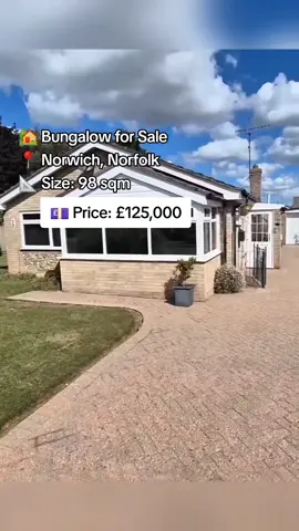 🏡 Bungalow for Sale 📍 Norwich, Norfolk 📐 Size: 98 sqm 💷 Price: £125,000 A detached bungalow in Norwich — one of the most sought-after cities in Norfolk. With 98 sqm of space, this property offers comfort, privacy, and great potential, whether as a family home or an investment. #UKProperty #Norwich #NorfolkHomes #BungalowForSale #RealEstateUK 