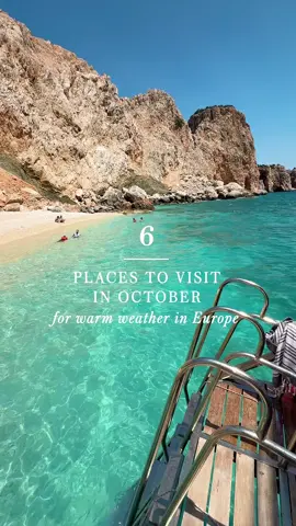 ☀️ 6 countries to visit in October ⬇️ for warm weather in Europe 🔥  Here are my recommendations on the best places to visit in Europe for warm weather during October. I suggest booking your trip in the first week of October or if you’re based in Europe and be flexible, wait for a heatwave forecast and then book your trip. I have done this many times in the past and enjoy a full week of sunshine and warm weather in these locations.  1. 🇪🇸 Spain Mallorca, Ibiza & Menorca are still warm in October, averaging 23°C (73°F) with sunny days and swimmable seas. Barcelona also has pleasant highs of 22°C (72°F), perfect for sightseeing without summer crowds. 2. 🇵🇹 Portugal Lisbon and the Algarve enjoy highs of 22°C–25°C (72°F–77°F) in October, making it an ideal time for golden beach days and exploring cities without the scorching summer heat.  3. 🇬🇷 Greece Santorini, Paros and Mykonos average 23°C (73°F) in October – as do many of the greek islands. The seas are still warm for swimming, and you’ll catch golden sunsets without the peak-season chaos.  4. 🇹🇷 Türkiye Antalya on the coast hits 25°C (77°F) with plenty of sunshine, perfect for beach days. Inland, Cappadocia has mild, sunny highs of 20°C (68°F) — ideal for the famous hot air balloon rides. 5. 🇮🇹 Italy Southern spots like Capri, Positano and Sicily are still warm, around 22°C (72°F). October also brings harvest season, which means fewer tourists and plenty of wine festivals across Tuscany. 6. 🇫🇷 France Menton, Saint-Tropez & Nice on the French Riviera, enjoys around 22°C (72°F) in October. It’s warm enough for al fresco dining and coastal walks, with fewer crowds compared to peak summer in the South of France. ➡️ Visit my blog kelseyinlondon.com to get all my free travel guides 🌍 Europe vacation ideas. Where to go in Europe. Europe holiday. Europe travel itinerary. Europe travel October. Europe travel ideas. Europe travel destinations. 