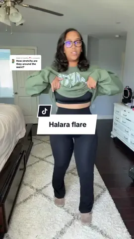 Replying to @heather❣️ these legs are super stretchy. I like to go down one size so I’m wearing a medium, but you can definitely get your regular size but they have the best tummy control while still being super stretchy! #halara #halaraleggings #flarelegggings #leggings #tiktokshopcreatorpicks 