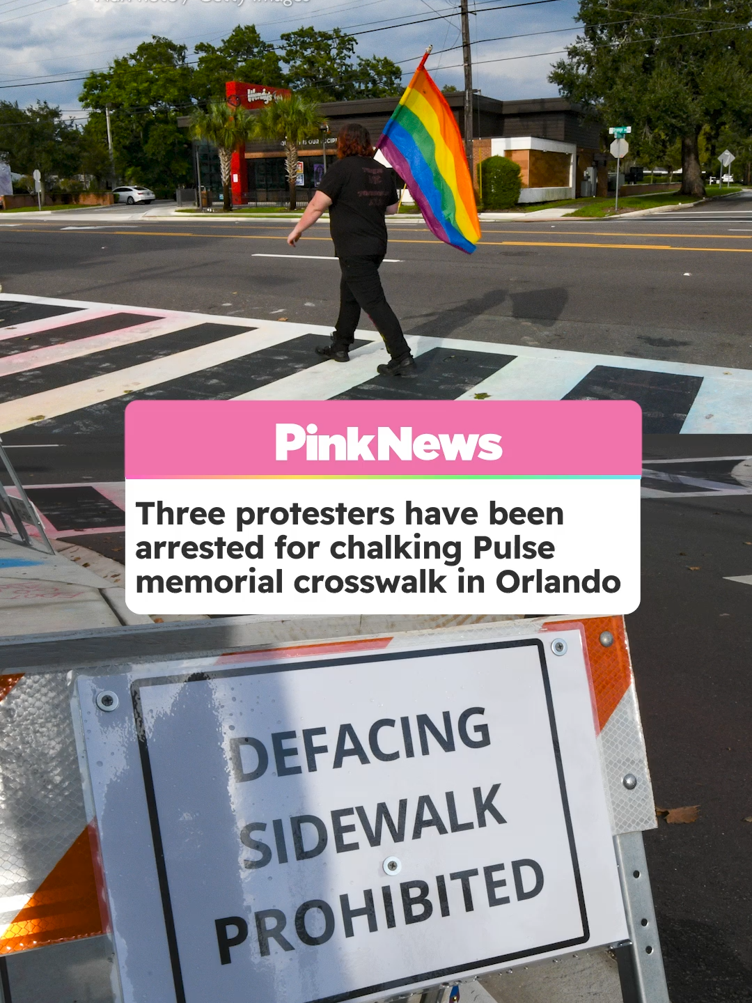 Three people were arrested on Sunday evening by Florida Highway Patrol troopers after using chalk to restore rainbow colours to the crosswalk that had been painted over. The crosswalk originally served as a rainbow tribute to the 49 victims of the 2016 Pulse nightclub sh*oting, but was repeatedly removed by the Florida Department of Transportation under state and federal directives enforcing standard road markings. In response, volunteers have repeatedly returned with chalk, prompting the placement of signs warning against 