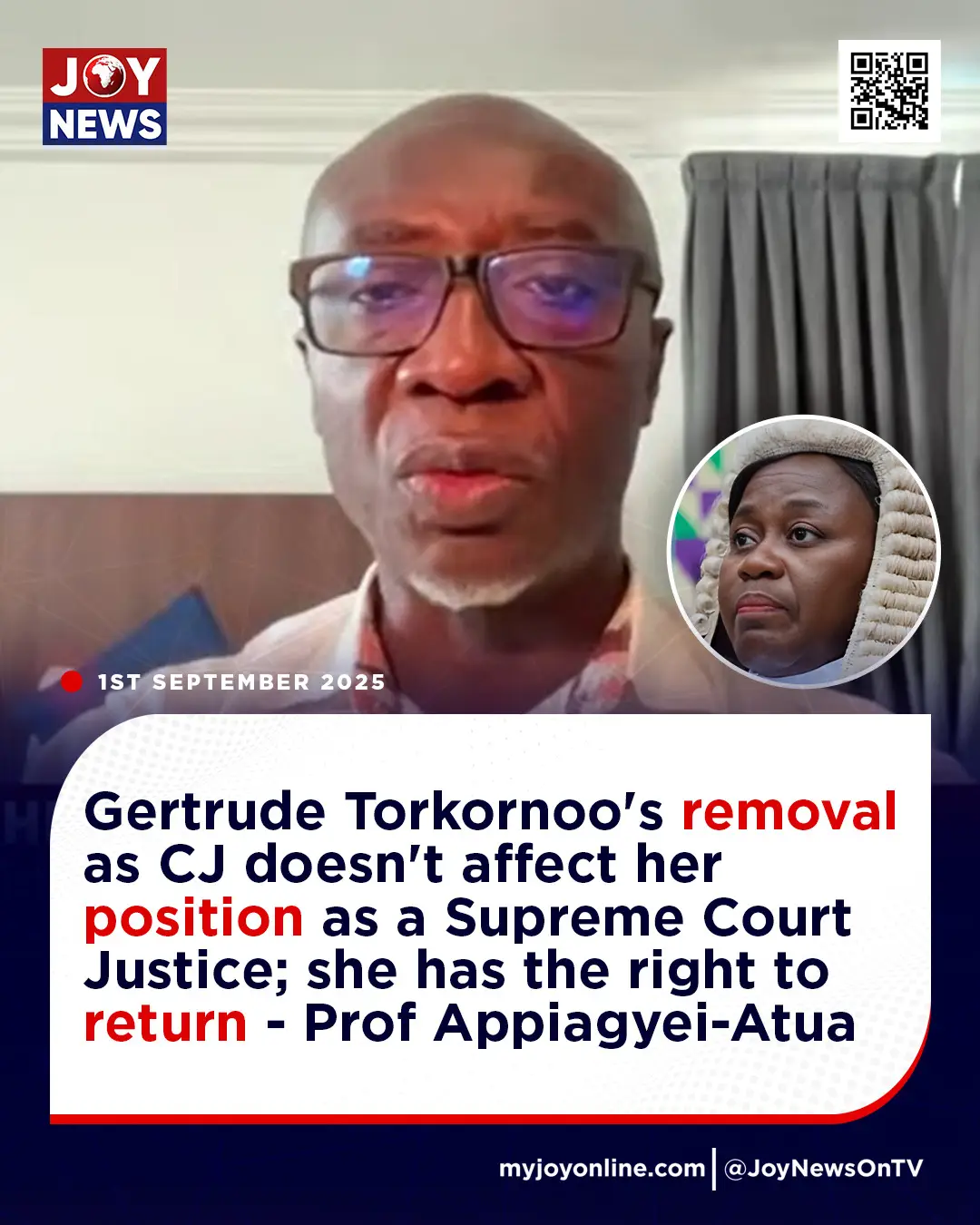 Gertrude Torkornoo's removal as CJ doesn't affect her position as a Supreme Court Justice; she has the right to return - Prof Appiagyei-Atua #JoyNews #TrendingVideos #viral #fypシ゚ #ghanatiktok🇬🇭 