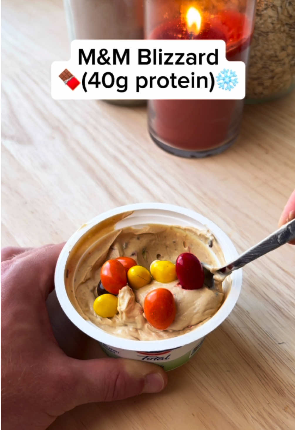 M&M Protein Blizzard Ingredients (makes ~8 bites): - 1/2 cup of low fat greek yogurt - 1 scoop vanilla protein powder (whey or plant) - 2–3 tbsp sugar-free monkfruit sweetener - 2 tbsp peanut powder - 1/2 tsp baking powder - Dash vanilla extract - 1 tbsp chopped healthy m&ms Instructions: - Dump yogurt into a bowl - Add protein powder, monkfruit, peanut powder, baking powder & vanilla - Stir in chopped M&M’s - Scoop back into yogurt cup (or keep in the bowl, I won’t judge) - Top with extra M&M’s Macros: - Calories: ~313 - Protein: ~43g - Carbs: ~21g - Fat: ~8.5g #healthyrecipes #healthydessert #highproteinrecipes #highproteinmeals 