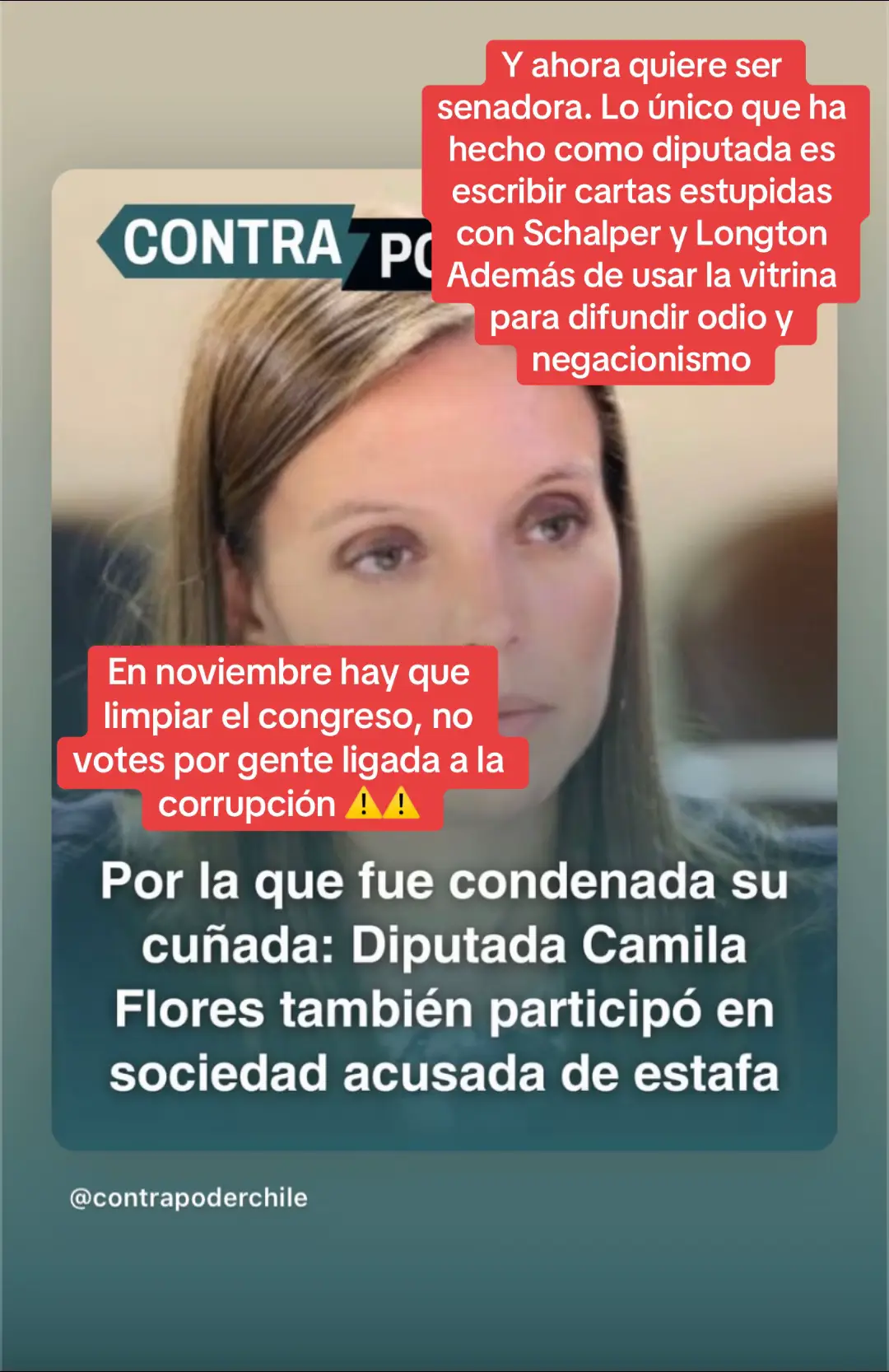 https://contrapoderchile.cl/por-la-que-fue-condenada-su-cunada-diputada-camila-flores-tambien-participo-en-sociedad-acusada-de-estafa/?fbclid=PAVERFWAMitrZleHRuA2FlbQIxMQABp0gvrCw02_l3EsD0io5ktFaC3VYlARfsma7QKfMRA2ZEGcF6DLmFoyVRdQPj_aem_PcbK6ehs5lOy4XBQRljy8w #nodeberíasvotarporkast #nodeberíasvotarporkaiser #nodeberíasvotarpormatthei #novotesporchilevamos #novotesporrepublicanos