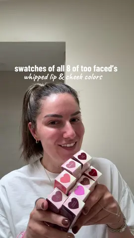 #swatches of the new @Too Faced whipped lip & cheek colors ⛅️💗🫧  they’re creamy, pigmented & has some wear to them, given how hard i was trying to rub them off at the end.  order of swatches: peach blur  bed of roses  super candy clouds  red velvet  love potion milk & cookies hopeful romantic  headliner  #lipswatches #toofaced #lipandcheek #makeupswatches 