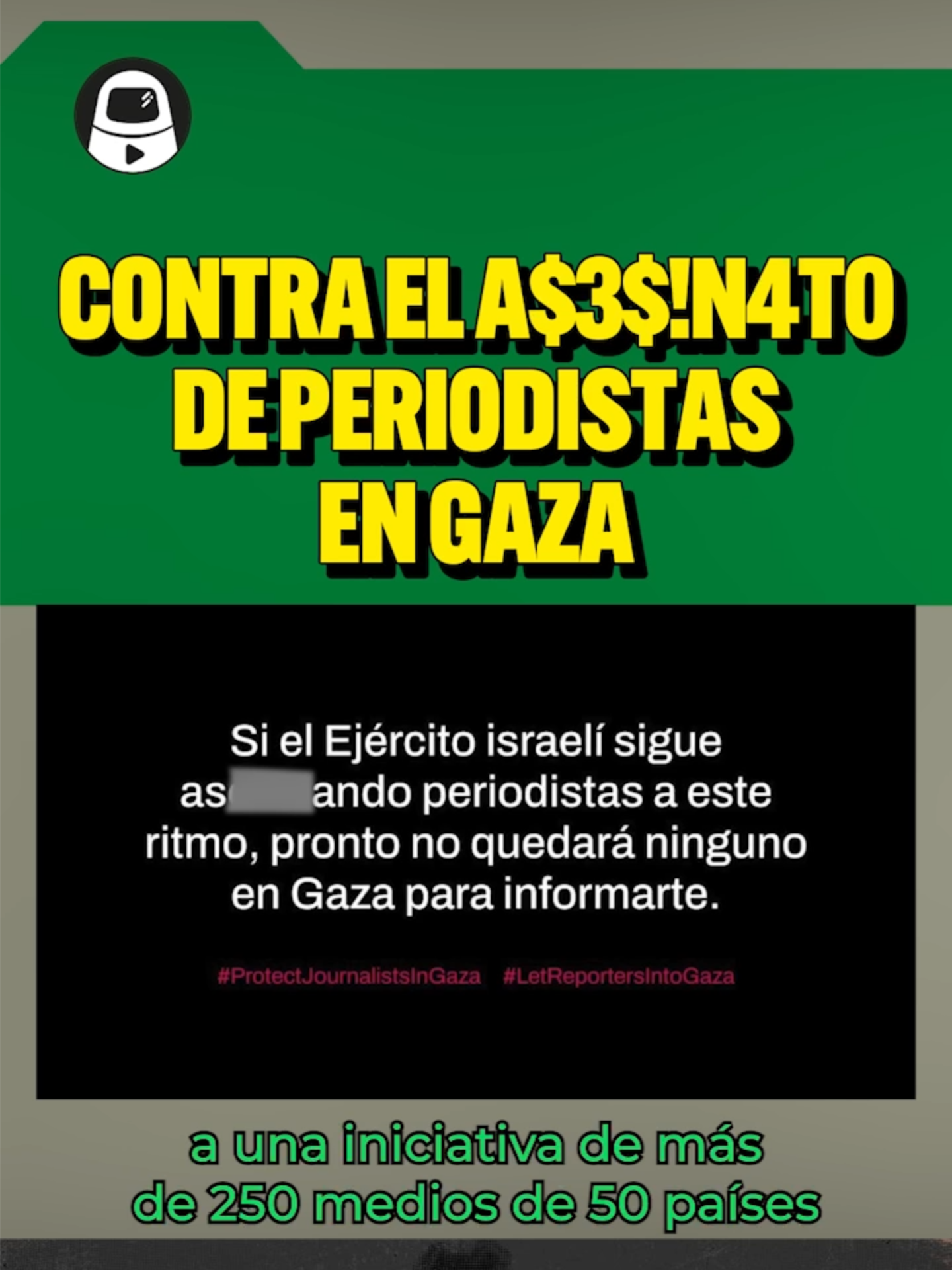Nos sumamos a la campaña de Reporteros Sin Fronteras para exigir el fin de los asesinatos de periodistas en Gaza. #ProtectJournalistsInGaza #LetReportersIntoGaza