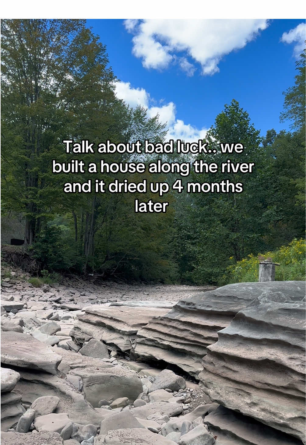 On the bright side, at least we’re no longer in the flood zone 🤷🏻‍♀️🥴 #newhome #river #badluck #mountainhome 
