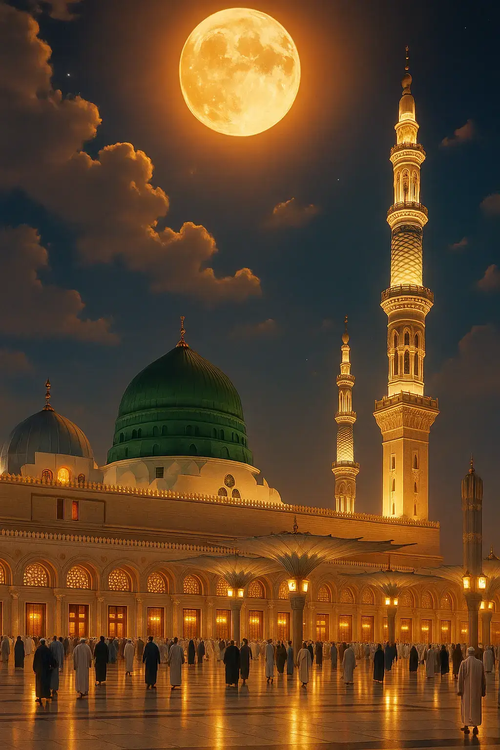 This image captures the majestic beauty of Masjid al-Nabawi, the Prophet's Mosque, located in the holy city of Madina. The iconic green dome marks the resting place of the Prophet Muhammad (PBUH). Surrounded by elegant minarets, the mosque's stunning architecture is illuminated under a clear blue sky. The expansive marble courtyard reflects the soft sunlight, creating a serene and spiritual atmosphere. Pilgrims are seen peacefully walking and praying, symbolizing the unity and devotion of Muslims from around the world. This sacred site is not only an architectural masterpiece but also a place of deep reverence and tranquility. #fyp  #azan  #unfrezzmyaccount #viral #trading