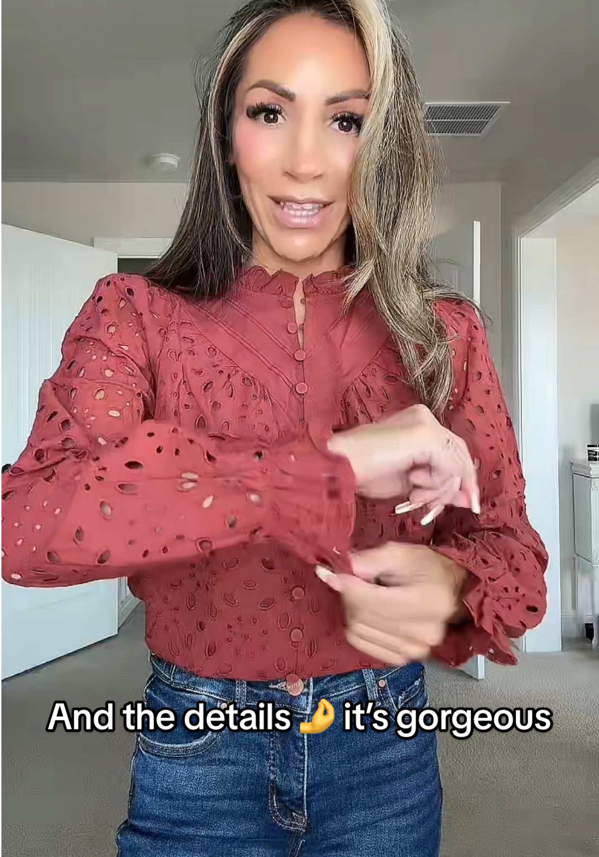 I love this eyelet top!! It’s very classy and chic. I’d totally wear this to the office too. Super nice and a quality top. 😍 #eyelettop#longsleeve #classytop#chictops #tiktokshopcreatorpicks  
