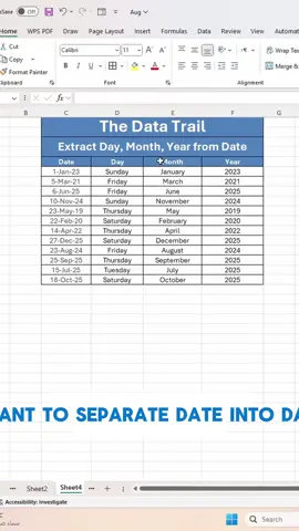 Seperate Date into Day, Month and Year in Excel. #excel #learnexcel #microsoftexcel #exceltips #fyp2025 