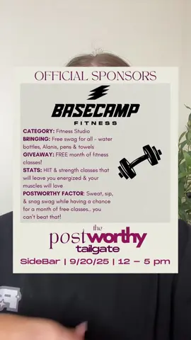 The Postworthy Tailgate sponsor # 2 is @BasecampCahabaHeights 🏋️‍♀️🚴‍♀️💪 make sure to get your tickets now to automatically be entered to win a free month of classes!!! Stay tuned for more 😍🩷 #thepostworthytailgate #birmingham #birminghamalabama #contentcreator #bham 