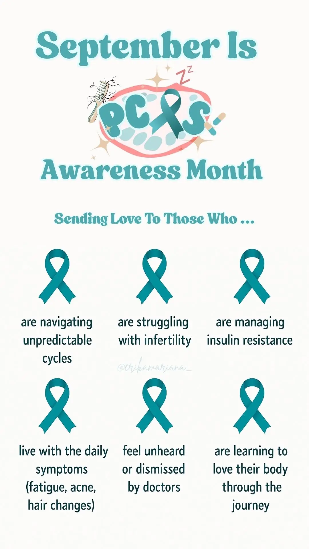 My favorite month to advocate 🤍  PCOS is such a silent battle that sometimes gets the best of you. The highs the lows. All the doctors visits all the routine adjustments. COMMUNITY is essential and that’s why this page was created. YOU ARE NOT ALONE. #pcosawarenessmonth #pcoscommunity #pcoslife #pcossupport #pcoscysters 