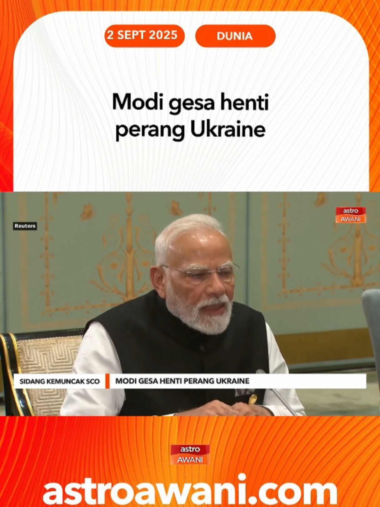Perdana Menteri India Narendra Modi desak penamatan konflik Ukraine dan tekankan penyelesaian damai ketika bertemu Presiden Rusia Vladimir Putin di luar Sidang Kemuncak SCO. #AWANInews
