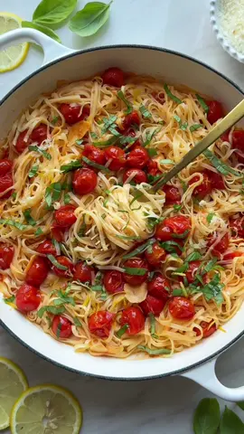 ✨Burst Cherry Tomato, Lemon & Garlic Tagliolini ✨ Tagliolini pasta tossed in a burst cherry tomato sauce with fresh lemon, provolone and basil. I just love the flavor the fresh lemon juice brings to this dish! It really brings out the acidity of the tomatoes and makes it bright and oh so flavorful 🍅🍋 Full recipe on my website!  Ingredients: - 1/2 lb. tagliolini or other long pasta - 2 tbsp. butter - 2 pints cherry tomatoes - 2 tbsp. extra virgin olive oil  - Sea salt to taste - 6 garlic cloves, thinly sliced - Juice of 1 lemon  - Zest of 1 lemon - 1/3 cup provolone or Parmigiano Reggiano, finely grated - 1/4 cup basil chiffonade - Pasta water as needed #pasta #Recipe #EasyRecipe #dinner  #ThePastaTable 