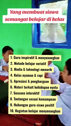 Beberapa hal yang bisa membuat siswa lebih semangat belajar di kelas antara lain: 1. Guru yang inspiratif dan menyenangkan Cara guru menyampaikan materi dengan antusias, penuh semangat, humor yang sehat, dan bahasa yang mudah dipahami membuat siswa betah. 2. Metode belajar yang variatif Tidak hanya ceramah, tapi juga diskusi, permainan edukatif, eksperimen, atau proyek kelompok. 3. Penggunaan media dan teknologi Video, gambar, presentasi interaktif, bahkan kuis digital bisa memancing rasa ingin tahu siswa. 4. Lingkungan kelas yang nyaman dan rapi Ruangan yang bersih, penuh warna, serta pajangan hasil karya siswa memberi rasa bangga dan motivasi. 5. Pemberian apresiasi dan penghargaan Pujian sederhana, stiker bintang, atau kata “hebat!” mampu menumbuhkan rasa percaya diri siswa. 6. Keterkaitan dengan kehidupan nyata Materi yang dikaitkan dengan pengalaman sehari-hari siswa membuat mereka merasa “ini berguna untukku.” 7. Suasana belajar yang interaktif Memberi ruang tanya-jawab, siswa saling berbagi pengalaman, dan guru mendengarkan pendapat siswa. 8. Adanya tantangan yang sesuai Soal, proyek, atau kegiatan yang menantang tapi masih bisa dicapai, membuat siswa terdorong untuk berusaha. 9. Hubungan positif guru dan siswa Guru yang ramah, peduli, dan memahami kondisi siswa akan membuat mereka nyaman belajar. 10. Kegiatan yang menyenangkan Diselingi ice breaking, permainan singkat, atau cerita inspiratif yang membuat siswa tertarik.  #viral #guru #fyp #gurukreatif 