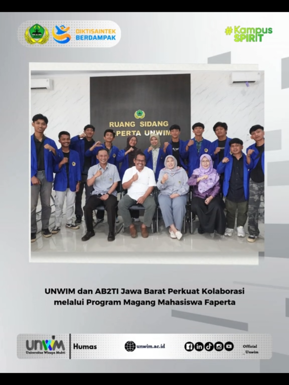 Pada Senin, 1 September 2025, Fakultas Pertanian Universitas Winaya Mukti melaksanakan kegiatan Penyerahan Mahasiswa/i untuk Program Magang bersama Asosiasi Badan Usaha Milik Petani Tanaman Indonesia (AB2TI) Jawa Barat. Kegiatan ini dihadiri oleh: » Dekan Faperta UNWIM, Dr. Ir. Dety Sukmawati, M.P. » Kaprodi S1 Agroteknologi, Asep Samsul M., S.P., M.P. » Kaprodi S1 Agribisnis, Dr. Ir. Nendah Siti Permana, M.P. » Direktur Utama PT. AB2TI Jawa Barat Kerja sama ini menjadi langkah dalam menyiapkan mahasiswa agar memperoleh pengalaman langsung di lapangan, memperkuat kompetensi akademik, serta membangun kolaborasi dengan dunia usaha dan dunia industri. #UNWIM #AB2TI #magangmahasiswa  #kampusberdampak 