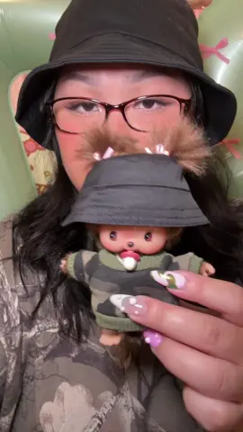 She just needs glasses 😩💗 do yall dress up ur dolls ??  i said i would never buy clothes for my labubus but then I started collecting monchhichis 😭 i guess im a mommy 🫦 #monchhichi #bebichhichi #trinkets #collector 