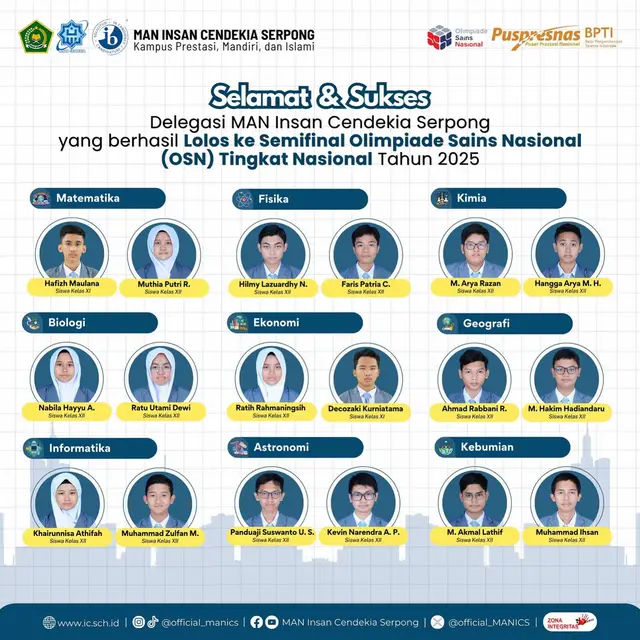 Raut bangga dan senyum penuh semangat dari para siswa-siswi MAN Insan Cendekia Serpong yang berhasil melaju ke Semifinal Olimpiade Sains Nasional (OSN) Tingkat Nasional 2025. Foto ini bukan hanya sekadar potret, melainkan cerminan dari jam-jam belajar, pengorbanan, dan semangat pantang menyerah. Kalian adalah inspirasi bagi kami, menjadi cerdas dan berprestasi itu keren! Semoga perjalanan kalian di OSN 2025 dilancarkan. Bawa nama baik MAN Insan Cendekia Serpong dan tunjukkan kepada dunia kalau kalian adalah generasi emas Indonesia. ✨ __________ Ikuti informasi MAN Insan Cendekia Serpong melalui kanal berikut: Instagram dan Tiktok: official_manics Facebook dan Youtube: MAN Insan Cendekia Serpong Website : ic.sch.id X : official_MANICS #manicserpong #maninsancendekia #maninsancendekiaserpong #zonaintegritas #gowbkwbbm        