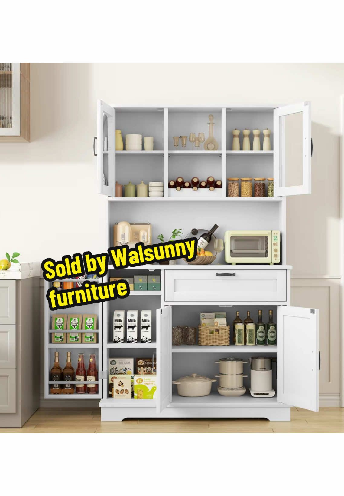 #walsunnyfurniture #KitchenHacks #pantryorganization #Storage #fyp  Cabinet, Freestanding Buffet Cabinet with Microwave Stand, 4 Door Shelves, Adjustable Shelves & Wine Rack, White